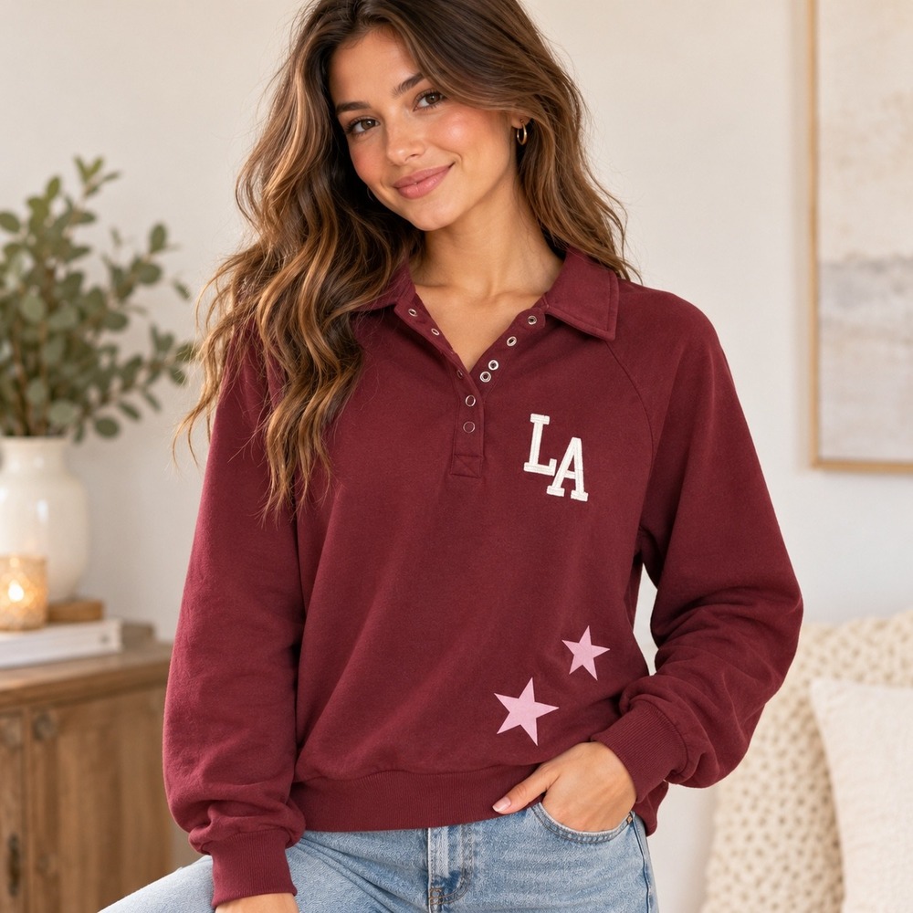 Zoe + Liv Los Angeles 98 Polo Sweatshirt Tawny Port Burgundy XXS NWT